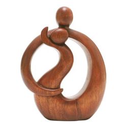'Hand-Carved Suar Wood Abstract Sculpture of Father and Son'
