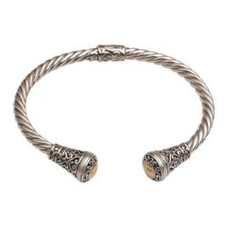 18k Gold Accent Sterling Silver Cuff Bracelet from Bali 'Gleaming Sunflowers'