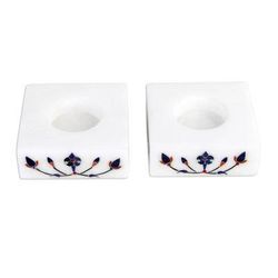 Blooming Buds in Blue,'Square Marble Tealight Holder with Blue Blooming Buds (Pair)'