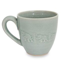 Celadon ceramic mug, 'Blue Elephant Walk'