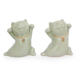 'Good Luck Cats' (pair) - Thai Celadon Ceramic Sculptures