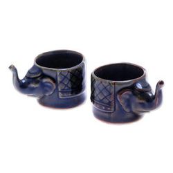 Elephant Essence in Brown,'Handmade Brown Celadon Ceramic Elephant Teacups (Pair)'