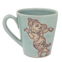 Whimsical Ganesha,'Light Blue Celadon Ceramic Dancing Ganesha Mug from Thailand'