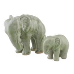 Celadon ceramic statuettes, 'Mom and Baby, a Family Affair' (pair)