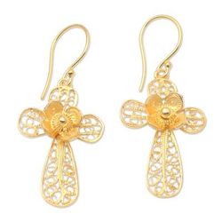 Garden Cross,'Gold-Plated Cross-Motif Dangle Earrings'