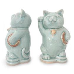 'Charming Good Luck Cats' (pair) - Celadon Ceramic Sculptures