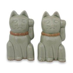 Celadon figurines, 'Lucky Green Cat' (pair)