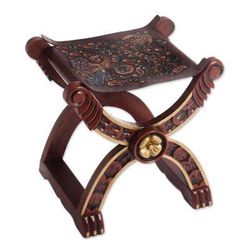 Tooled leather and wood stool, 'Baroque Peru'