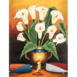 Thanksgiving,'Still Life Painting of Calla Lilies and Corn from Gutaemala'