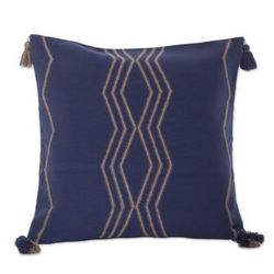 Indigo Directions,'Handloomed Geometric Indigo and Beige Cotton Cushion Cover'