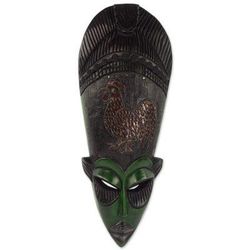 Stalwart Rooster,'Ghanaian Hand Carved Sese Wood Mask with Rooster'