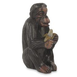 Monkey Peeling a Banana,'Hand Carved Animal Theme Figurine African Ebony Sculpture'