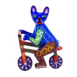 Bicycle Cat,'Hand Painted Alebrije Cat Figurine'