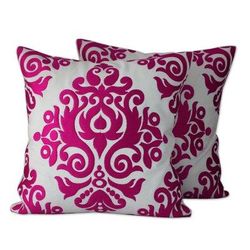 Fuchsia Beauty,'White and Fuchsia Embroidered Cotton Cushion Covers (Pair)'