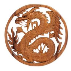 Enraged Dragon,'Suar Wood Wall Relief Panel of a Dragon from Indonesia'