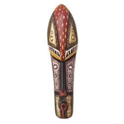 Vivacious Facet,'African Sese Wood Mask with Aluminum and Brass Accents'