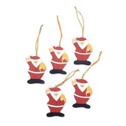Waving Santa,'Hand-Painted Wood Santa Ornaments from Bali (Set of 5)'