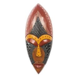 Face of Favor,'Hand Carved African Mask in Black, Brown and Yellow'