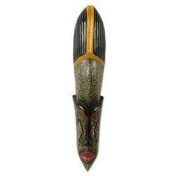 Alhairi,'Original African Wall Mask in Hand Carved Wood and Brass'