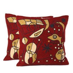 Abstract Expression,'Abstract Embroidered Cotton Cushion Covers from India (Pair)'