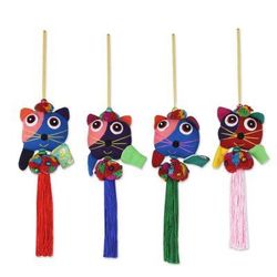 Happy Thai Cats,'4 Hand Crafted Multicolor Cats and Brass Bells Ornaments'