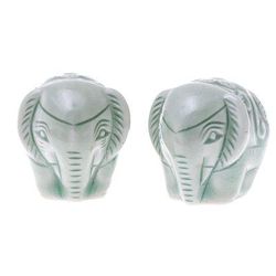 Elephant Paramours,'Pair of Handmade Thai Celadon Ceramic Elephant Figurines'