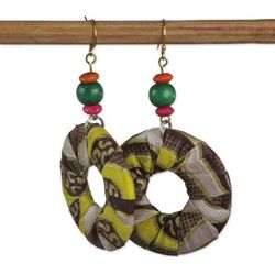 Lovely Circles,'Cotton Fabric Print and Sese Wood Beaded Circle Earrings'