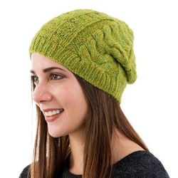 Warm Olive Braids,'Hand Knit Braided Alpaca Blend Hat in Warm Olive'