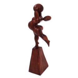 Ball Stretch,'Suar Wood Sculpture of a Woman with a Ball from Bali'