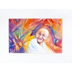 Illuminated,'Colorful Signed Expressionist Painting of Gandhi from Mexico'