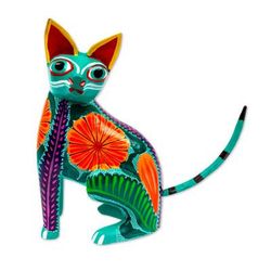 Floral Feline,'Handcrafted Copal Wood Alebrije Cat Figurine from Mexico'