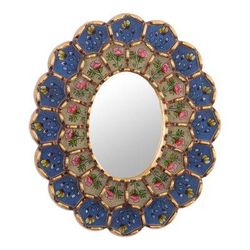Idyllic Garden in Blue,'Oval Reverse-Painted Glass Wall Mirror'
