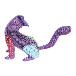 'Wood Cat Alebrije Figurine in Purple Hand-Painted in Mexico'