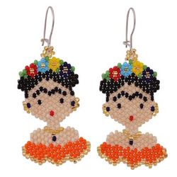 Orange Frida,'Glass Beaded Frida Dangle Earrings in Orange from Mexico'