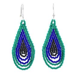 'Green and Blue Drop-Shaped Beaded Earrings from Mexico'