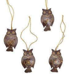 Hanging Owls,'Set of 4 Javanese Coconut Shell Owl Figure Ornaments'