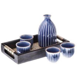 Ridges,'Blue Ceramic Decanter and Cups with Wood Tray (Set for 4)'
