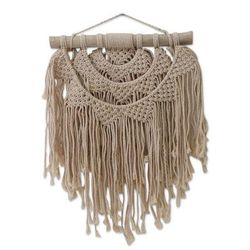 'Hand-Knotted Cotton Wall Hanging with Fringe from Bali'