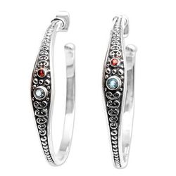 Majestic Air,'Blue Topaz and Garnet Sterling Silver Half Hoop Earrings'