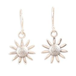 Sunflower Glitter,'Sterling Silver Sunflower Dangle Earrings from India'