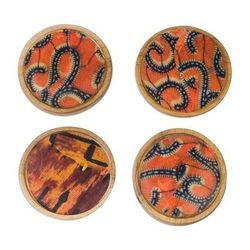 African Maze,'Orange and Blue Wood and Cotton Coasters (Set of 4)'