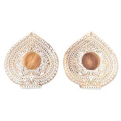Betel Delight,'Mango Wood Tealight Candle Holders with Leaf Motif (Pair)'