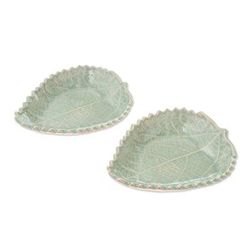 'Leaf-Shaped Celadon Ceramic Bowls from Thailand (Pair)'