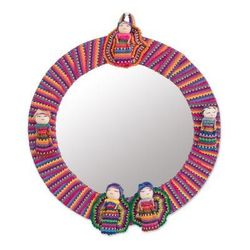 Quitapenas Reflection,'Circular Cotton Wall Mirror with Worry Dolls from Guatemala'