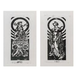 Boom Box,'Handmade Expressionist Diptych Woodcut Print of The Reaper'