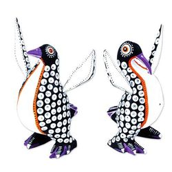 Happy Emperor Penguins,'Black and White Penguin Alebrije Figures from Oaxaca (Pair)'