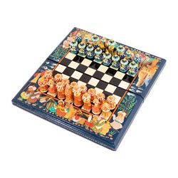 Bukhara Strategies,'Handcrafted Painted Walnut Wood Chess Set in Blue'