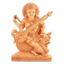 'Wood Sculpture of Goddess Saraswati Hand-Carved in India'