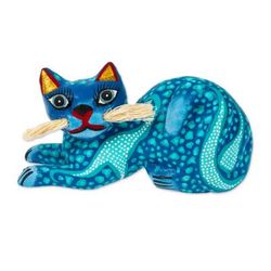 Blue Pouncing Cat,'Blue and Turquoise Whiskered Cat Alebrije from Oaxaca'