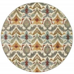 HomeRoots 8' Ivory Grey Rust Gold And Blue Round Abstract Power Loom Stain Resistant Area Rug - 8' Round